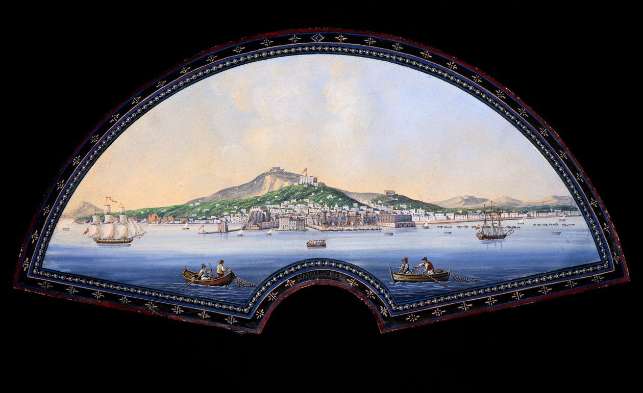 Modelo de fã de papel com uma pintura guache representando os destinos do Grand Tour, geralmente uma viagem prática de artistas e intelectuais dos séculos XVIII e XIX nos países do Mediterrâneo durante a sua juventude para a sua educação e enriquecimento de Unbekannt