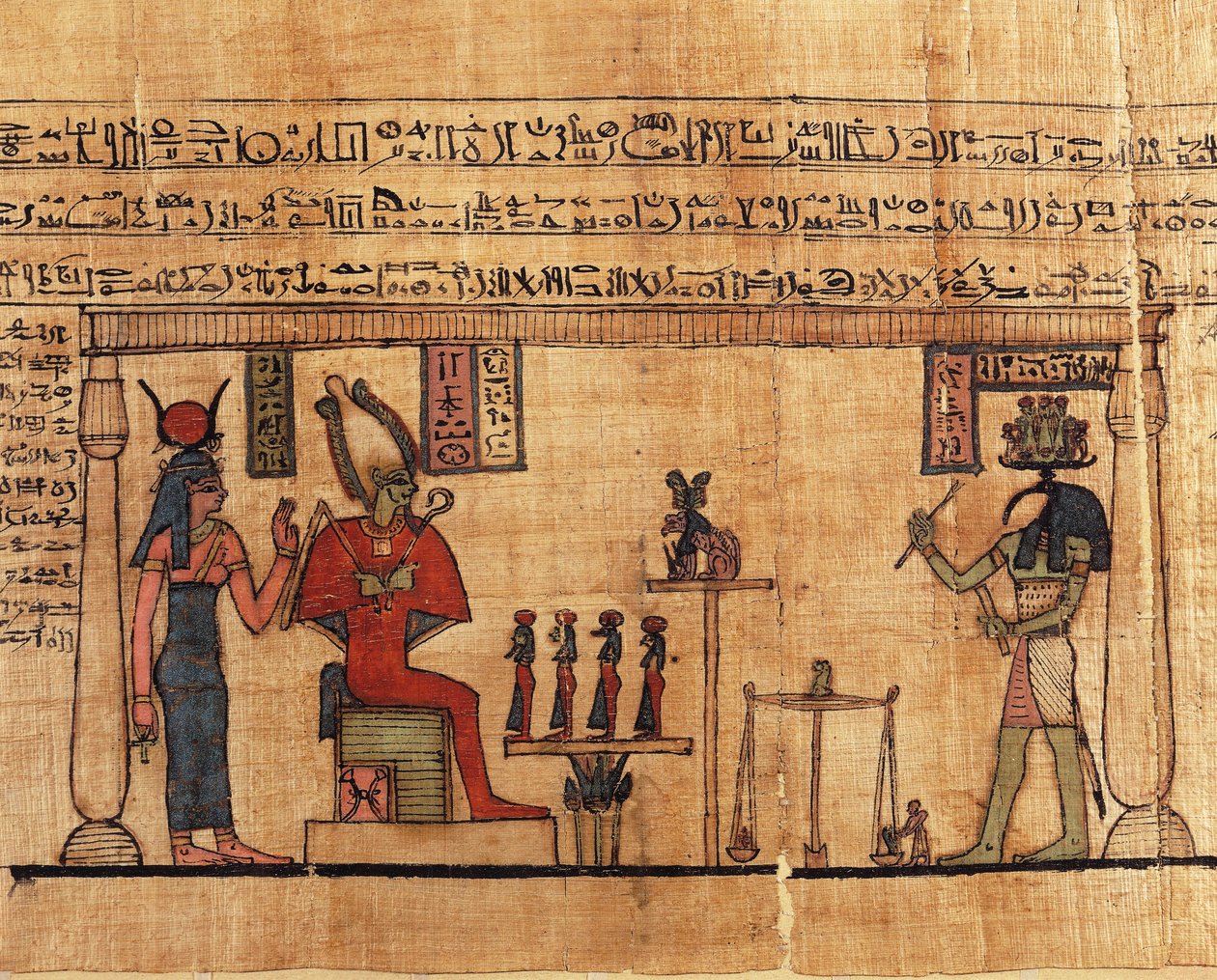 Papiro do Primeiro Livro de Respiração de Ousirour, Thoth pesando alma de Ousirour antes de Isis e Osiris de Alec Hunter