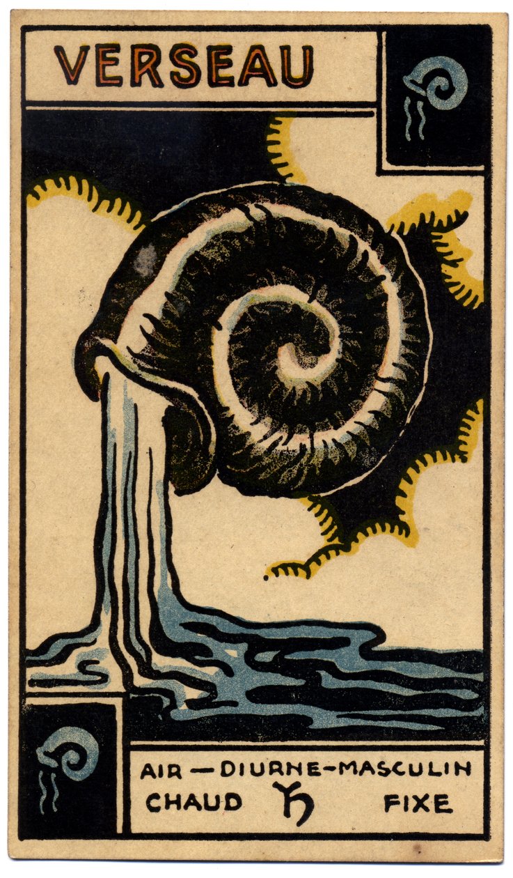 Paranormal. Astrologia. Aquarius (o Portador da Água). Carta astrológica de: Le Tarot Astrologique (Tarô Astrológico), de Georges Muchery, França de Unbekannter Künstler