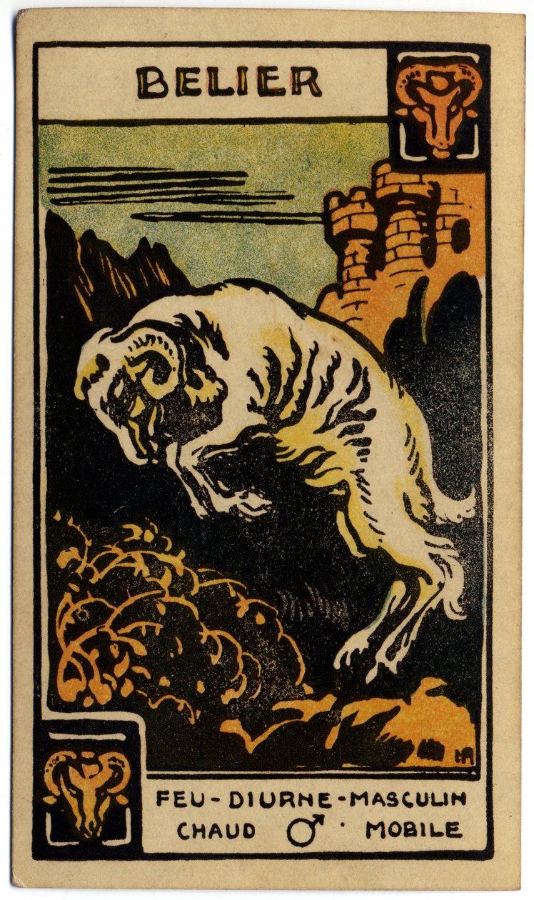Paranormal. Astrologia. Áries (o Carneiro). Carta astrológica de: Le Tarot Astrologique (Tarô Astrológico), de Georges Muchery, França de Unbekannter Künstler