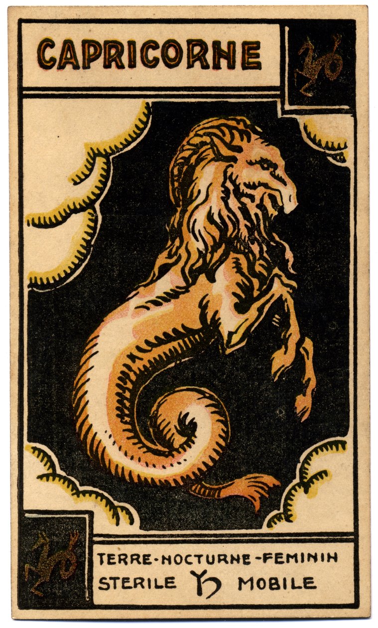 Paranormal. Astrologia. Capricórnio (o Mar Apanhado). Carta astrológica de: Le Tarot Astrologique (Tarô Astrológico), de Georges Muchery, França de Unbekannter Künstler