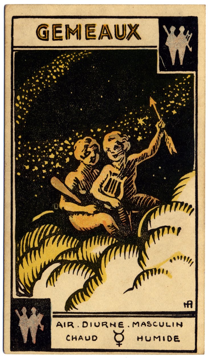Paranormal. Astrologia. Gêmeos (os Gémeos). Carta astrológica de: Le Tarot Astrologique (Tarô Astrológico), de Georges Muchery, França de Unbekannter Künstler