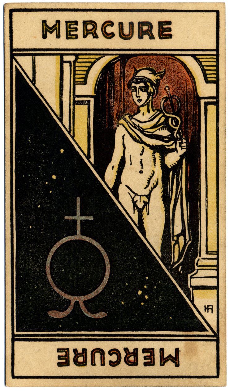 Paranormal. Astrologia. Mercúrio (planeta). Carta astrológica de: Le Tarot Astrologique (Tarô astrológico), de Georges Muchery, França de Unbekannter Künstler