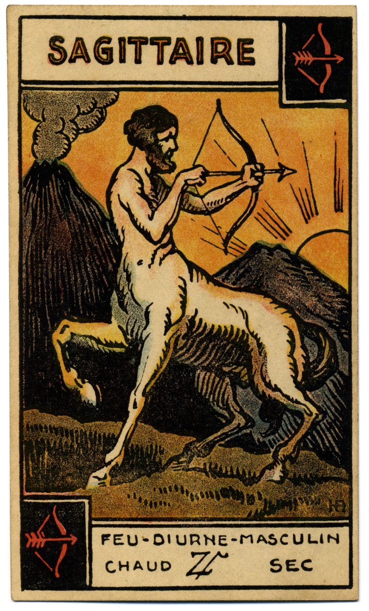 Paranormal. Astrologia. Sagitário (o Arqueiro). Carta astrológica de: Le Tarot Astrologique (Tarô astrológico), de Georges Muchery, França de Unbekannter Künstler