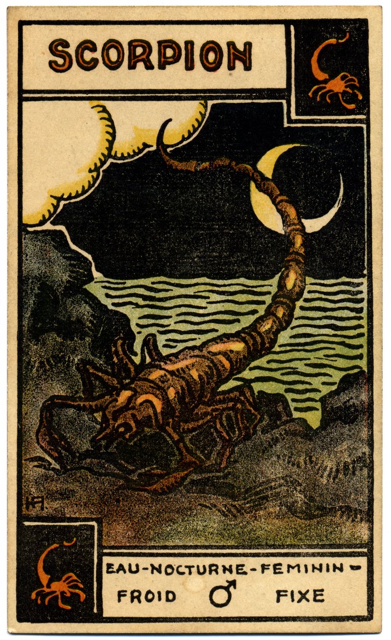 Paranormal. Astrologia. Escorpião (o Escorpião). Carta astrológica de: Le Tarot Astrologique (Tarô Astrológico), de Georges Muchery, França de Unbekannter Künstler