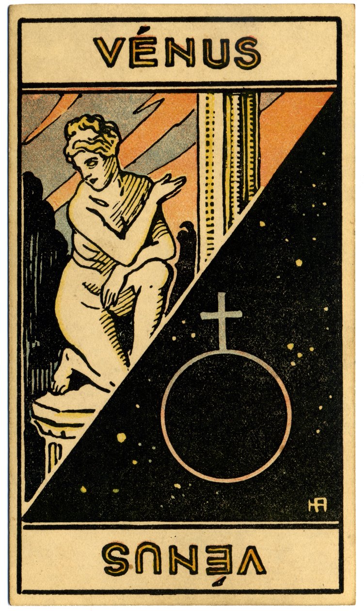 Paranormal. Astrologia. Vénus (planeta). Carta astrológica de: Le Tarot Astrologique (Tarô astrológico), de Georges Muchery, França de Unbekannter Künstler