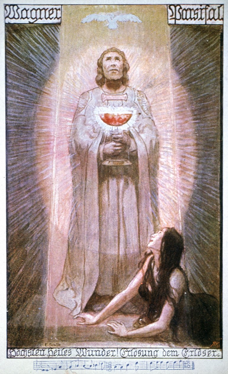 Parsifal com Graal, Kundry a morrer, início do século XX (postal) de Unbekannter Künstler