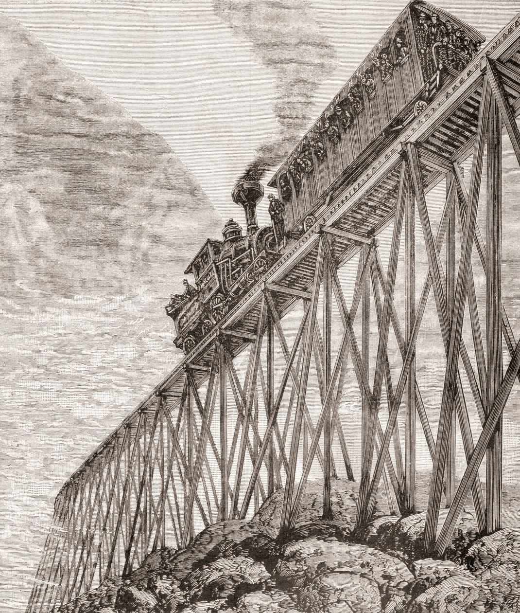 Parte de uma ferrovia de quatro quilômetros de extensão em New Hampshire, Estados Unidos, construída para viagens recreativas e para os passageiros desfrutarem de vistas panorâmicas, c.1880, de 