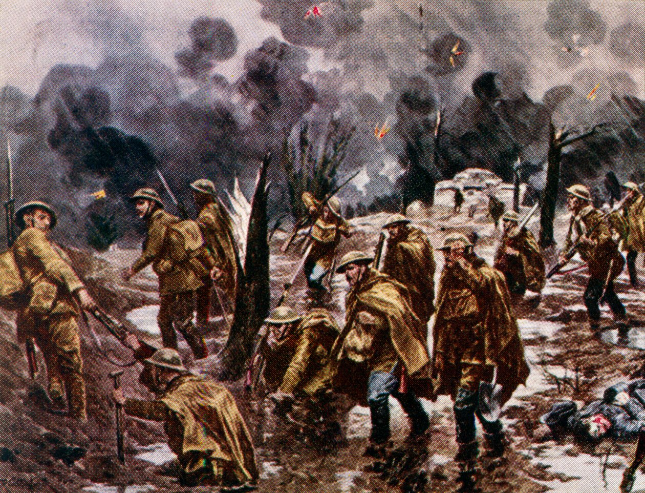 "Passchendaele" - soldados na lama perto de Ypres, na Bélgica, durante a Primeira Guerra Mundial de Unbekannter Künstler