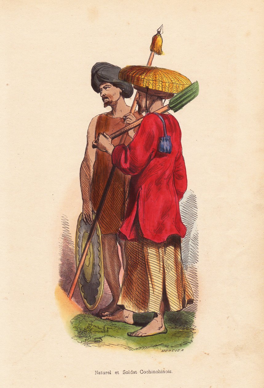 Peasant et soldat Cochinchinois (Vietname) - Homens do Vietname (Cochinchine): soldado com turbante, escudo e lança, e camponês com chapéu de palha, túnica e pá - Xilogravura colorida de Mercier de "Moeurs, Uses et Costumes de tous les Peuples du Monde, As de Unbekannter Künstler