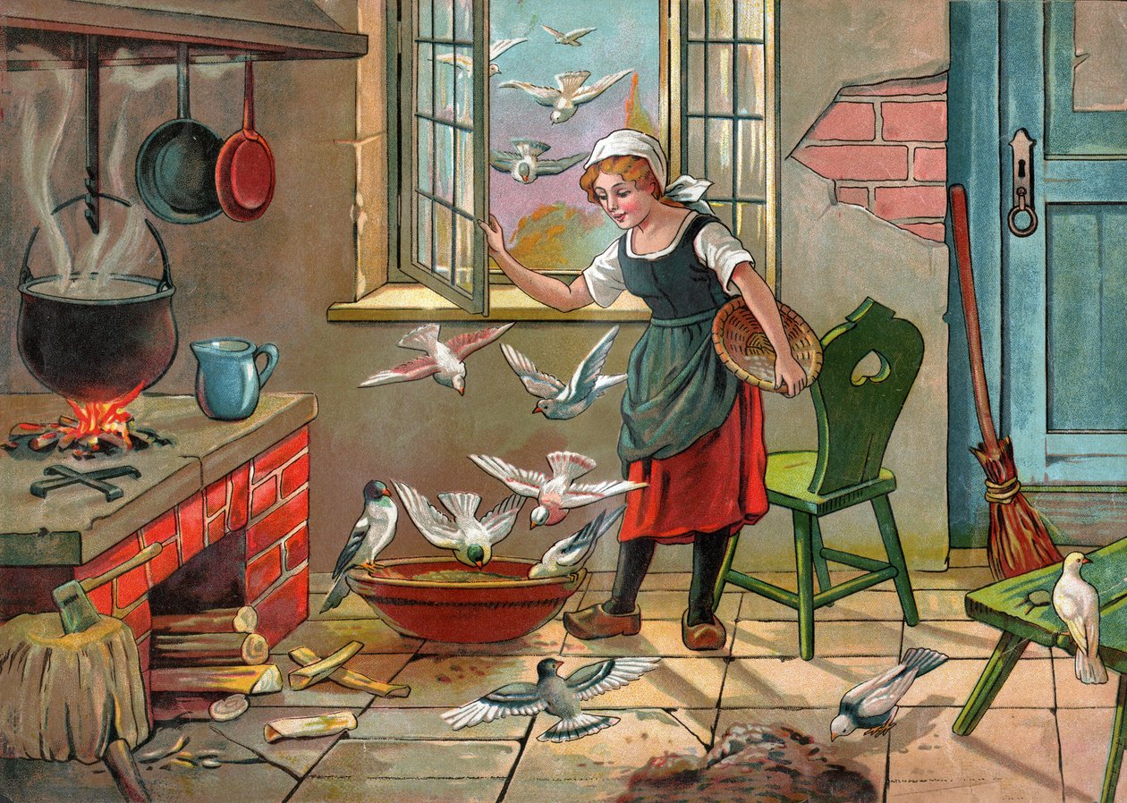 Rapariga camponesa com pombos. (Ilustração por volta de 1920) de Unbekannter Künstler
