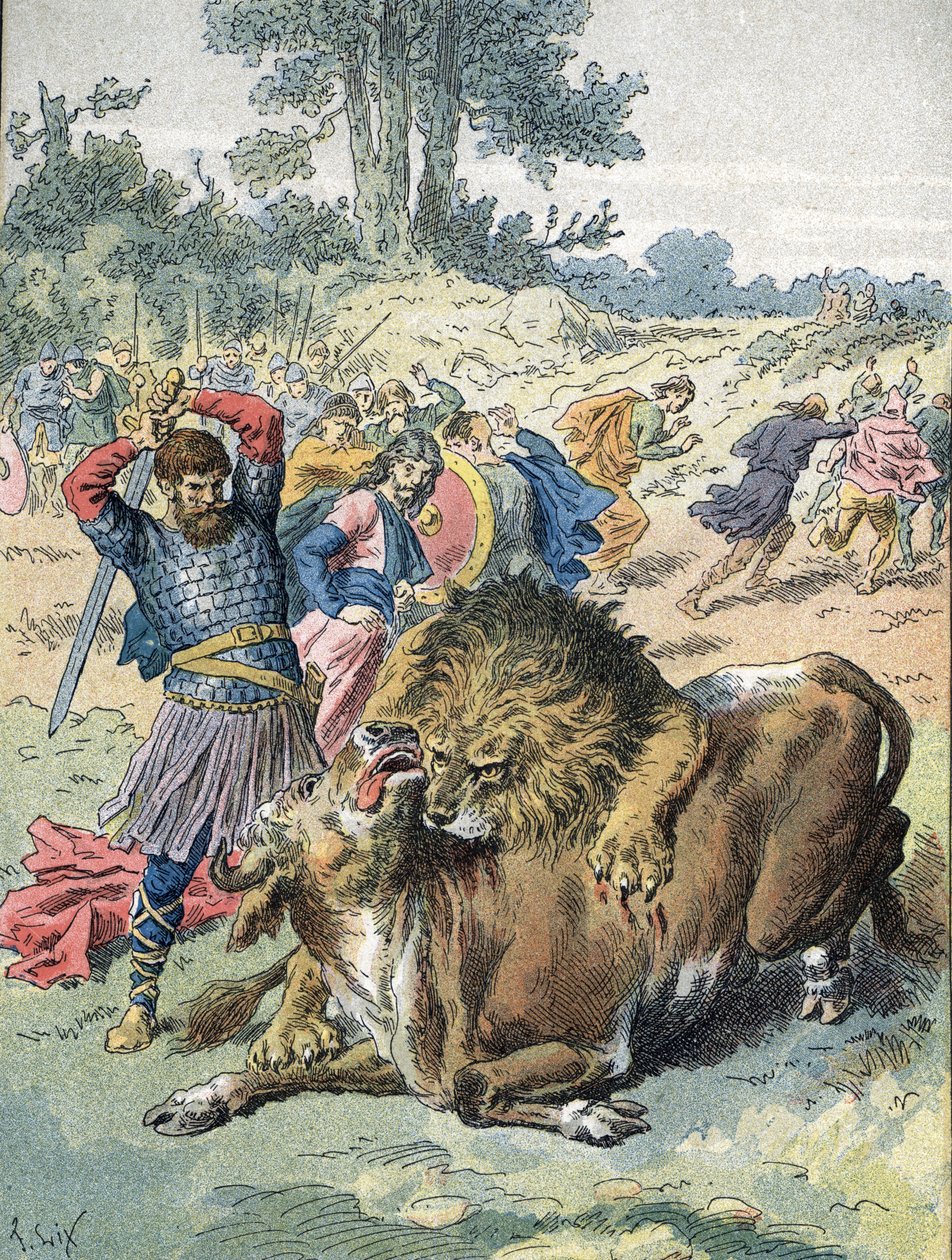 Pepin the Brief lutando contra um leão e um touro no Champ de Mars para provar a sua coragem (751) de Unbekannter Künstler