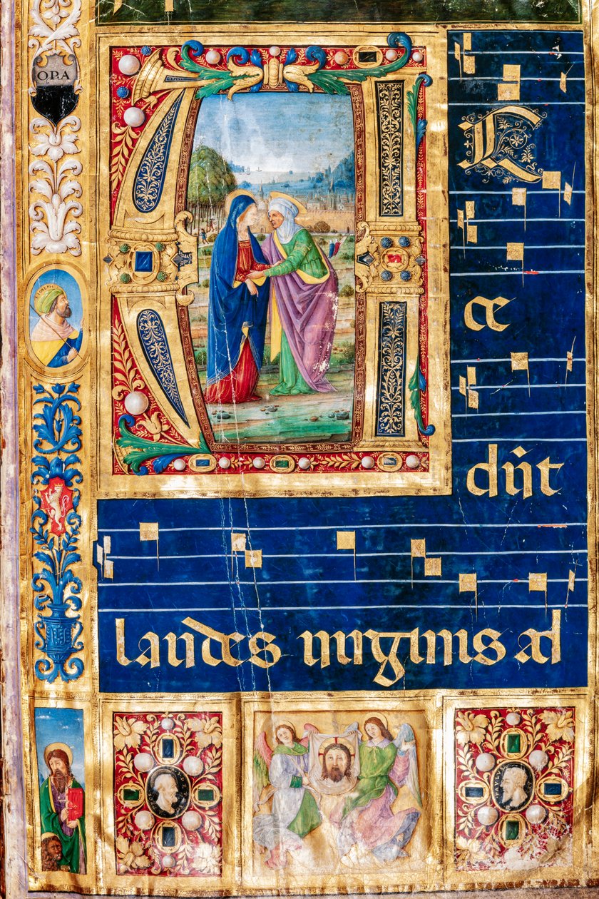 Biblioteca Piccolomini: Livro Coro, cód. 14.P., ss. 2r com “a Visitação de Maria e Santa Maria”. Elizabeth, de Giovanni di Giuliano Boccardi, conhecido como Boccardino, o Velho. Detalhe. de Unbekannter Künstler