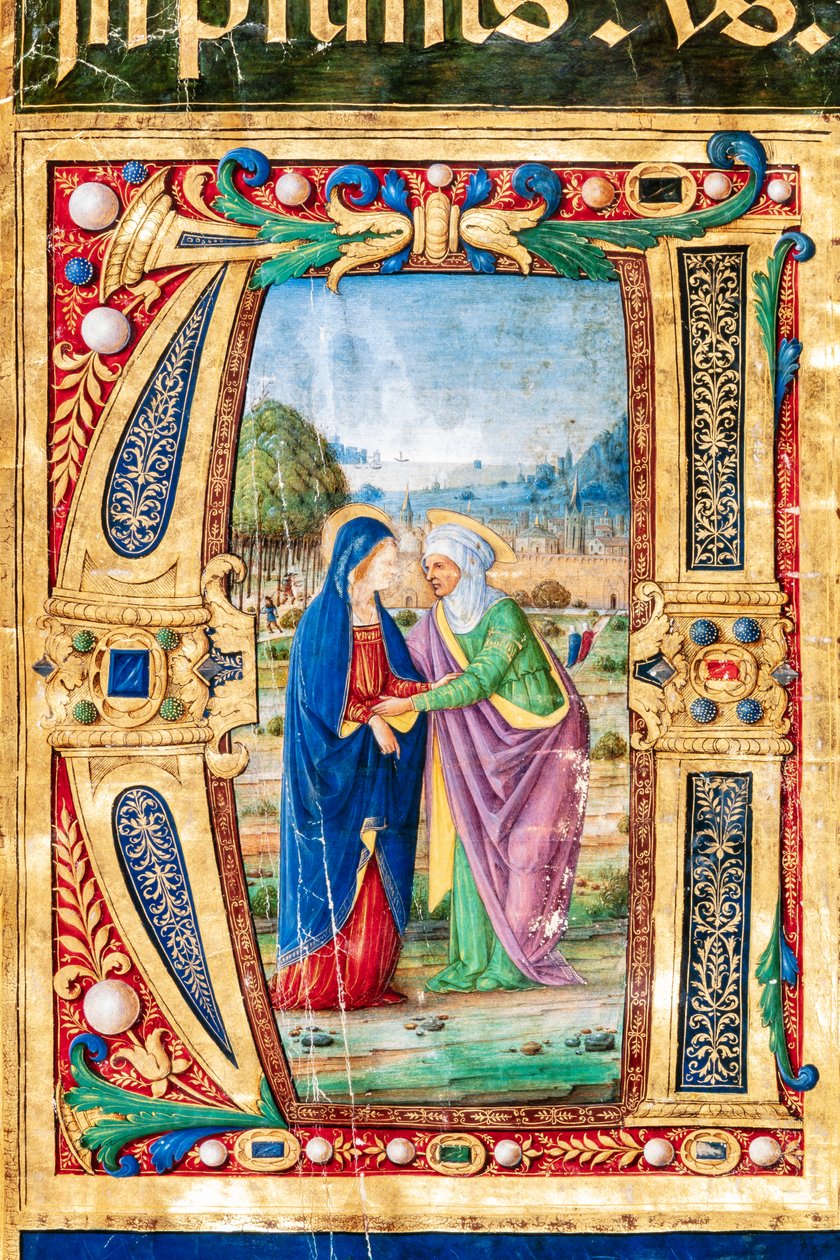 Biblioteca Piccolomini: livro coral, código. 14.P., ff. 2r com "a Visitação de Maria e Santa Isabel, de Giovanni di Giuliano Boccardi, conhecido como Boccardino, o Ancião". Detalhe. de Unbekannter Künstler