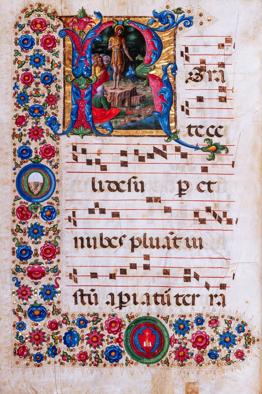 Biblioteca Piccolomini: livro coral, código. 18.3, ff. 45v com "Pregação de S. João Baptista", de Girolamo da Cremona. de Unbekannter Künstler