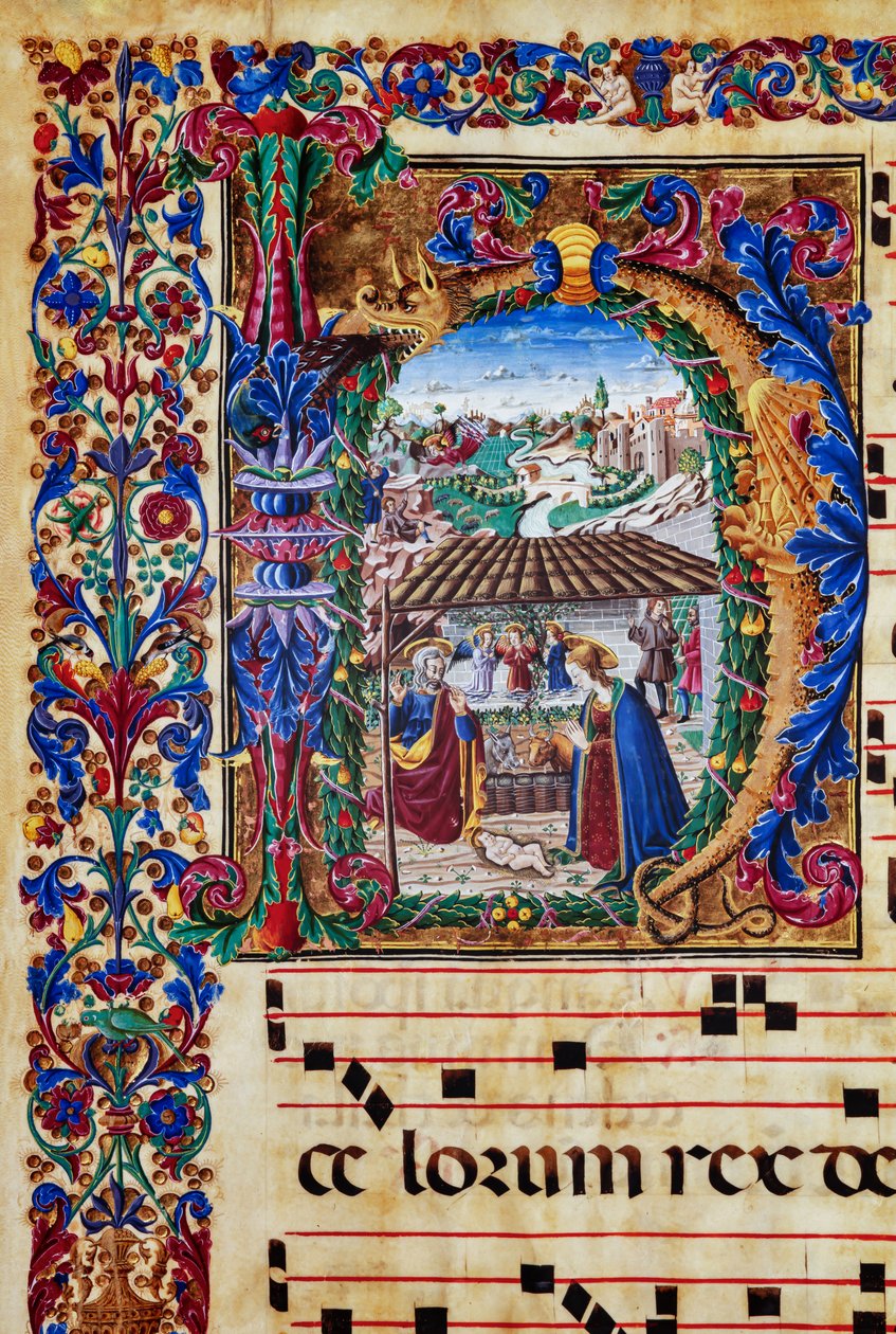 Biblioteca Piccolomini: livro coral, código. 2.B, ff. 5v com "Natividade", de Florentine illuminator. Detalhe. de Unbekannter Künstler