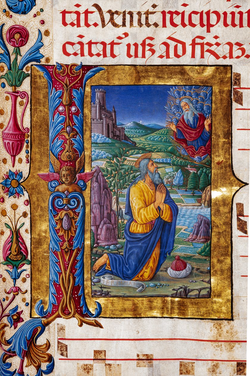 Biblioteca Piccolomini: Livro Coro, cód. 7.G, ss. 40v com “Visão de Jeremias”, de Guidoccio Cozzarelli. Detalhe. de Unbekannter Künstler
