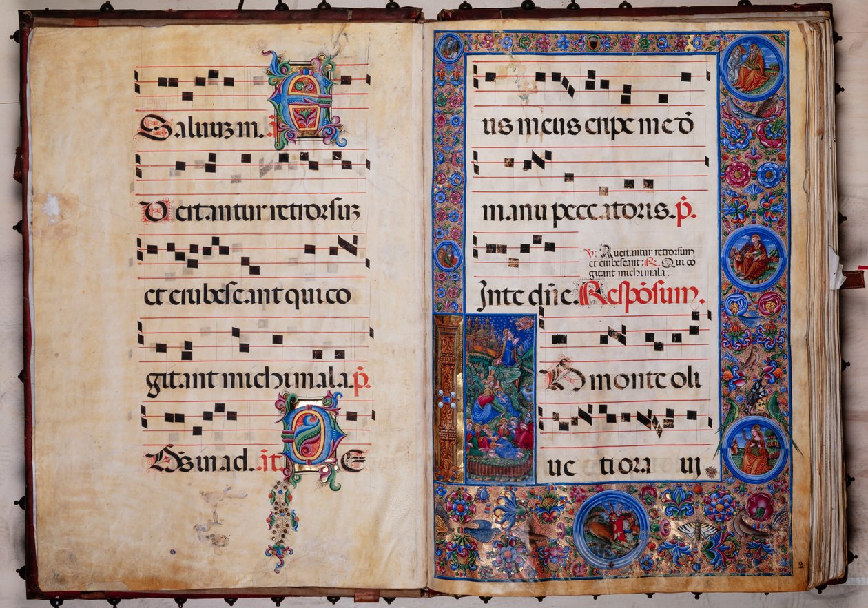 Biblioteca Piccolomini: livro coral, código. 8-H, ff. 1v-2r com "Cristo no Jardim do Getsémani", de Bernardino Cignoni. de Unbekannter Künstler