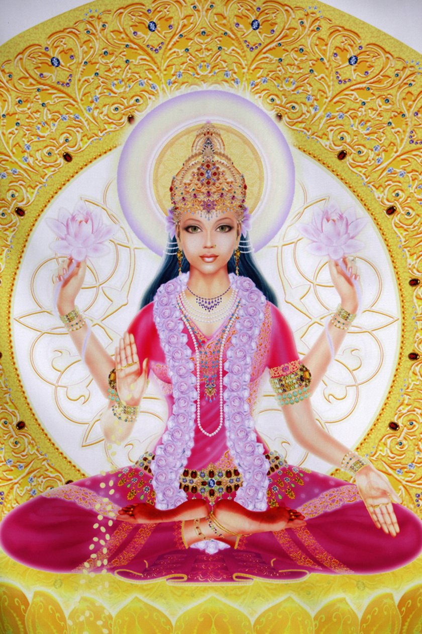 Foto mostrando Lakshmi, deusa da riqueza e consorte do Senhor Vishnu, sentada com flores de lótus de Unbekannt