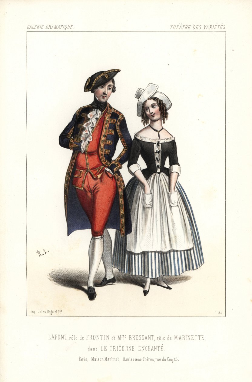 Pierre-Cheri Lafont no papel de Frontin e Madame Bressant ou Augustine Dupont como Marinette em Le Tricorne Enchante de Theophile Gautier, Teatro dos Varietes de Unbekannter Künstler