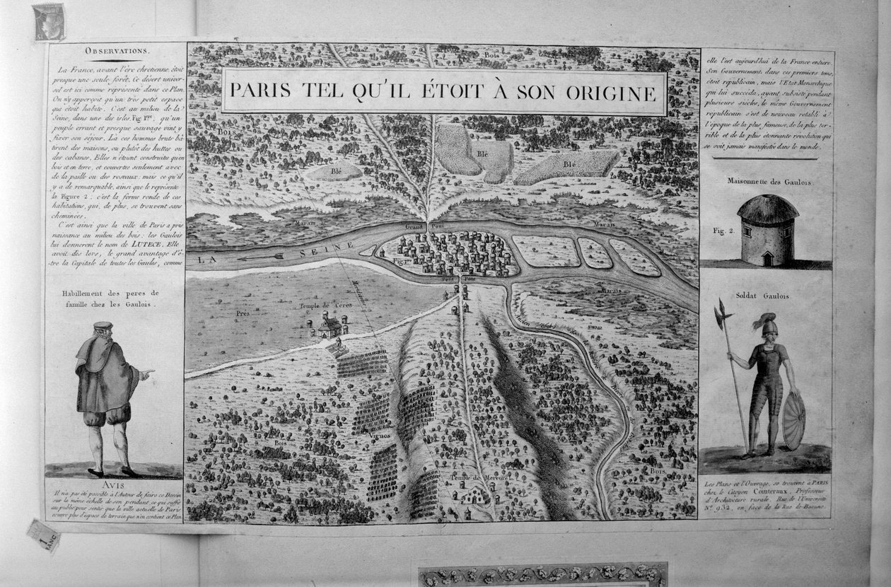 Plano de Paris na época dos Gauleses: "Paris, como estava na sua origem" (Lutece) - gravura. de Unbekannt