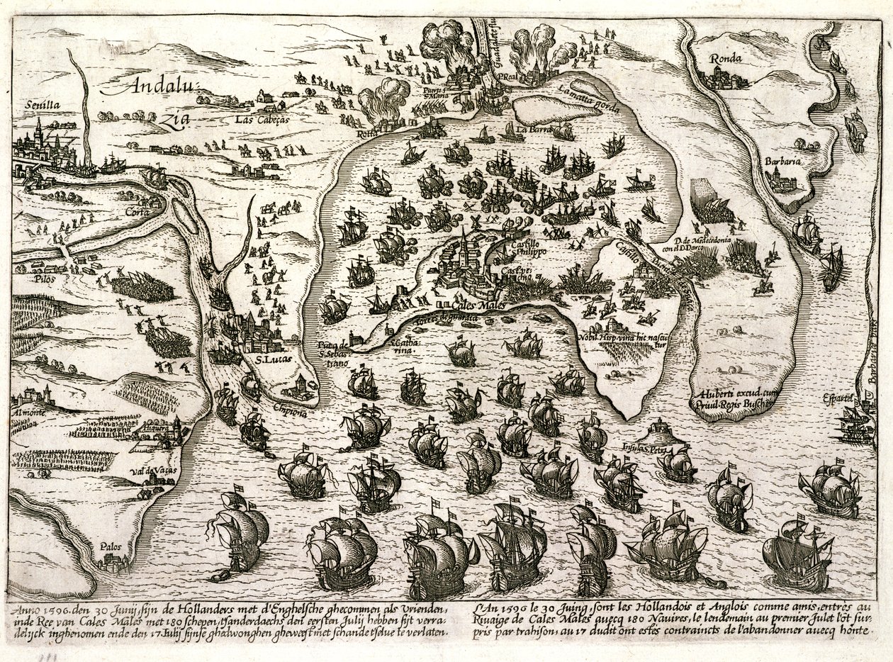 Plano do porto de Cádiz em 1596 no momento do ataque de Sir Walter Raleigh (gravura) de Unbekannter Künstler