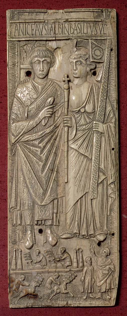 Placa representando o Basilisco, Imperador do Oriente (d.478) com uma carruagem abaixo, romana, 480 d.C. (marfim) de Unbekannt