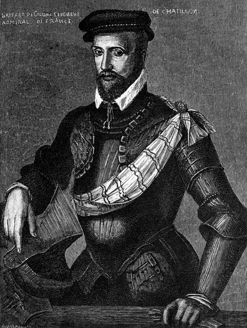 Retrato de Gaspard de Coligny, Seigneur de Chatillon (1519-1572), nobre francês, almirante e líder Huguenot em Guerras Francesas de Religião, gravura de William M. Timlin