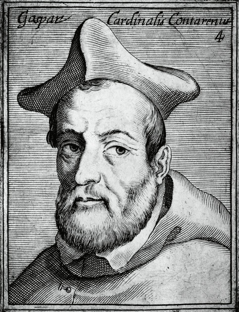 Retrato de Gasparo Contarini (1483-1542), cardeal e bispo italiano, gravura de Illustrissimorum, omnique virtutis, et scientiarum laude praestantissimoru virorum icones, de Claudius Pernetus de William M. Timlin
