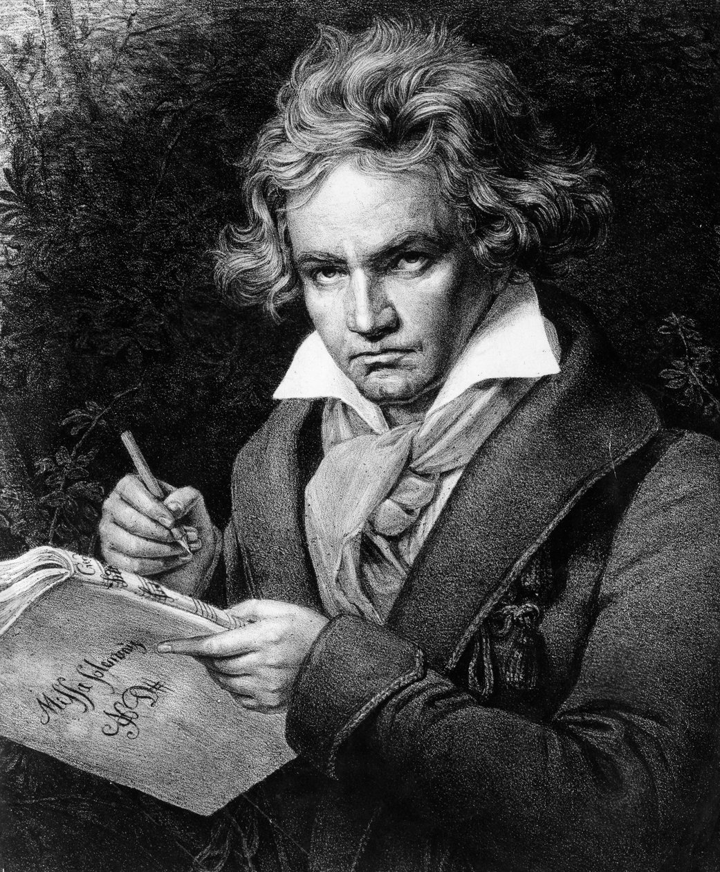 Retrato de Ludwig van Beethoven (1770-1827), músico alemão, compondo a Missa solemnis, baseado na pintura de Karl Joseph Stieler (1781-1858) de Unbekannter Künstler