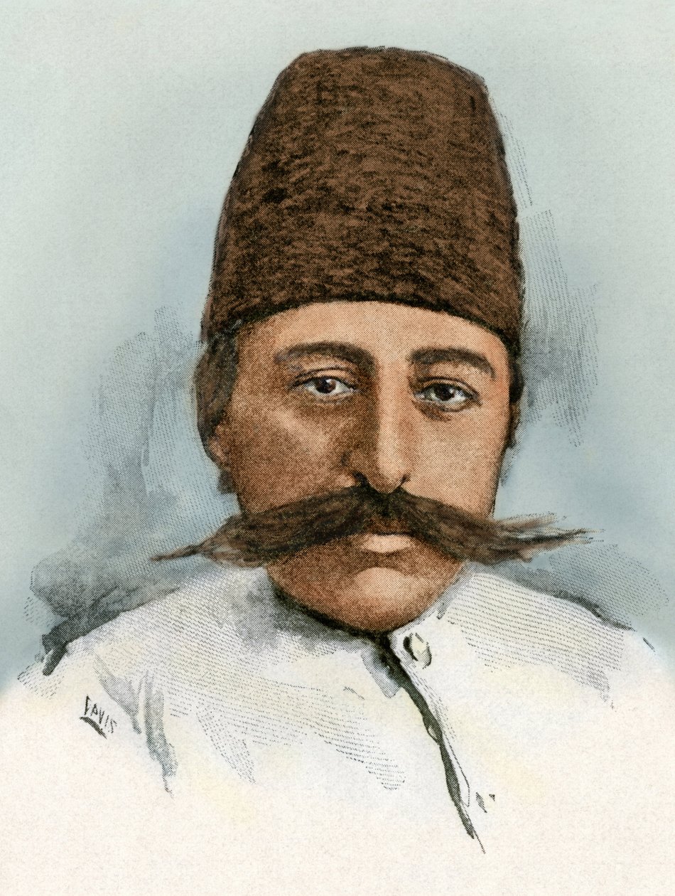 Retrato de Mozaffar ad-din (ad Din) (Mozaffer ed dine, Mozaffer-ed-dine, Mozzafar-al-Din, Mozzafar al-Din, Mozaffaredin) (1853-1907), Xá do Irão entre 1896 e 1907. Gravura a cores do século XIX. de Unbekannter Künstler