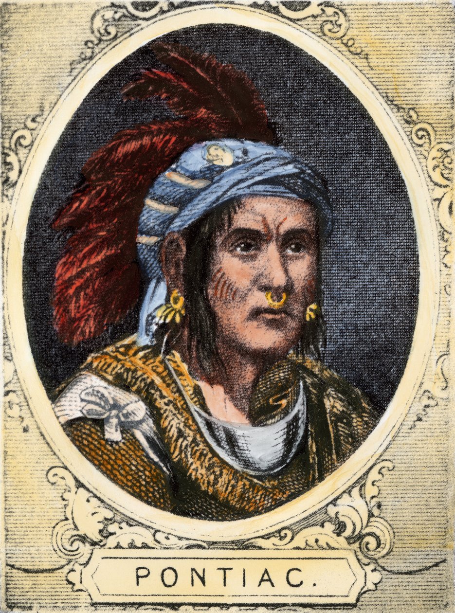 Retrato de Pontiac (ou Obwandiyag, ca. 1714-1769), chefe da tribo indígena dos índios Outaouais de Detroit (Nação Ottawa). Gravura a cores do século XIX. de Unbekannter Künstler