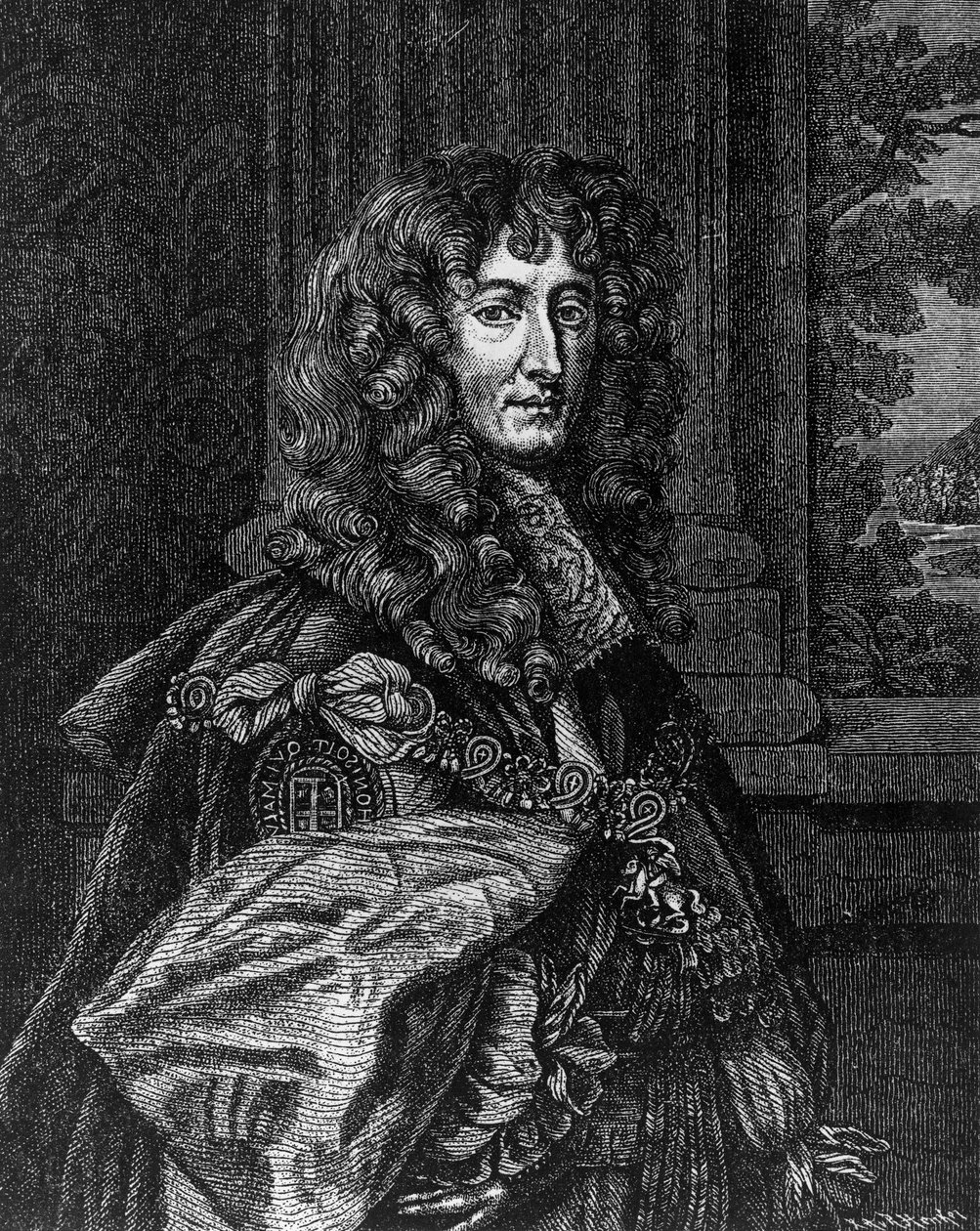 Retrato do Príncipe Rupert Wittelsbach do Reno (1619-1682), Duque da Baviera, Duque de Cumberland, Conde de Holderness, general e almirante alemão, gravura de William M. Timlin