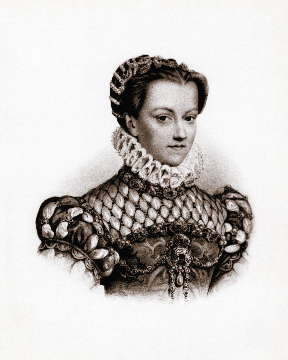 Retrato da rainha de França Elisabeth de Áustria (1555-1592) Gravura do século XIX de Unbekannter Künstler