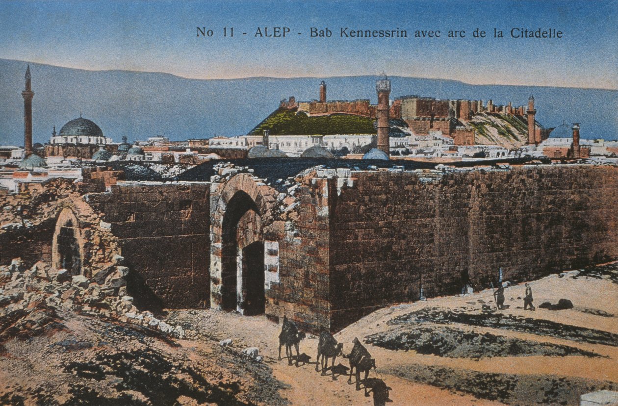 Cartão postal representando a Bab Quinnasrin e a Cidadela em Aleppo, c.1920 (fotolito a cores) de Unbekannt