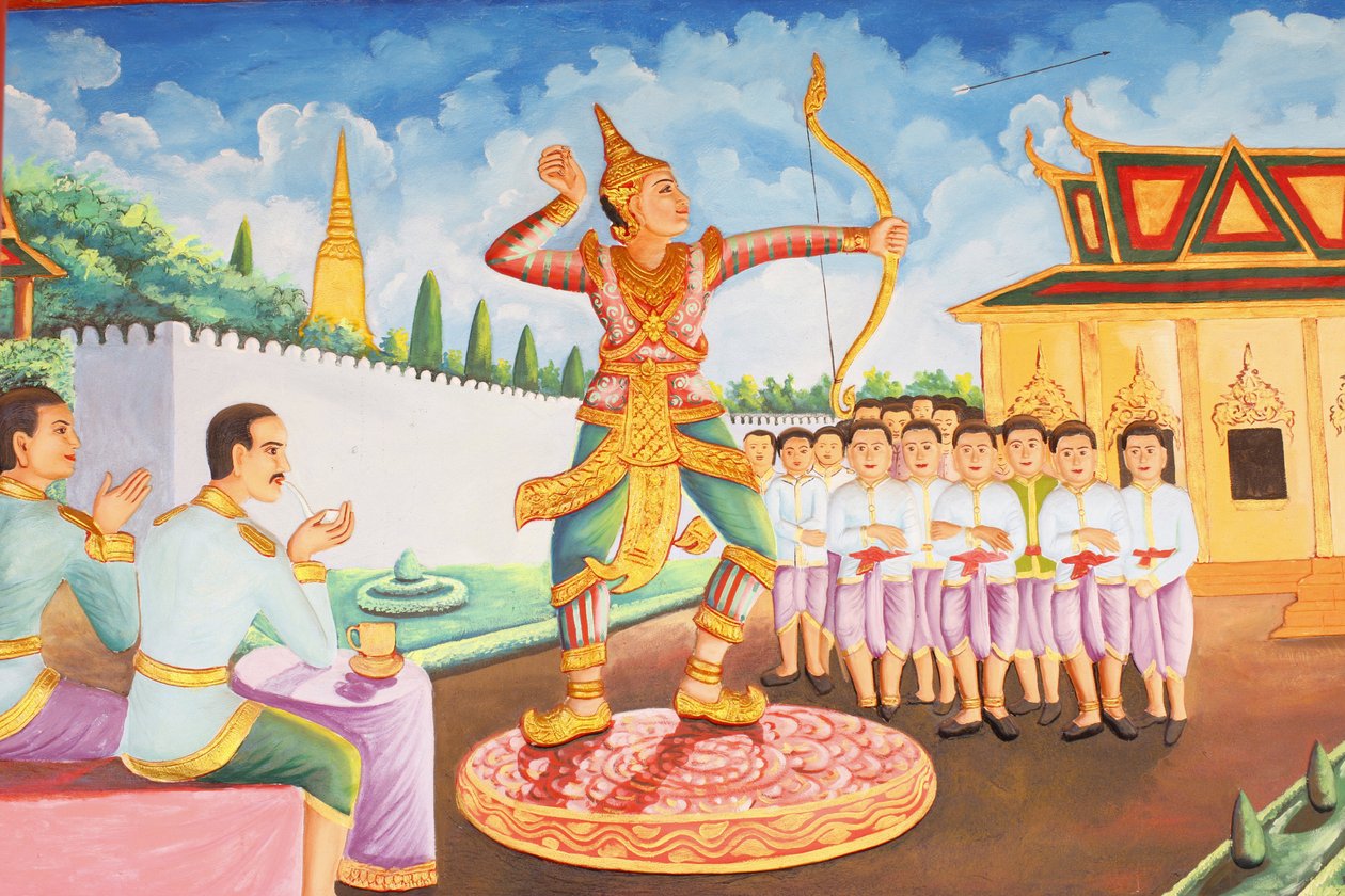 Preah Prom Promessa Mosteiro de Rath Vida do Príncipe Buda Siddhartha Gautama tornou-se um campeão de esgrima, luta livre e tiro com arco, Siem Reap, Camboja de Unbekannt