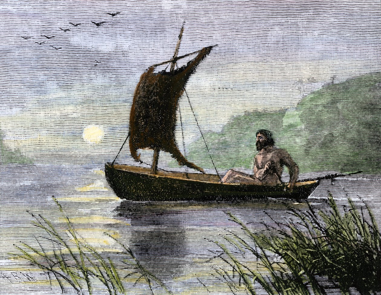 Navegação pré-histórica, canoa a remos com vela de pele de animal. de Unbekannter Künstler