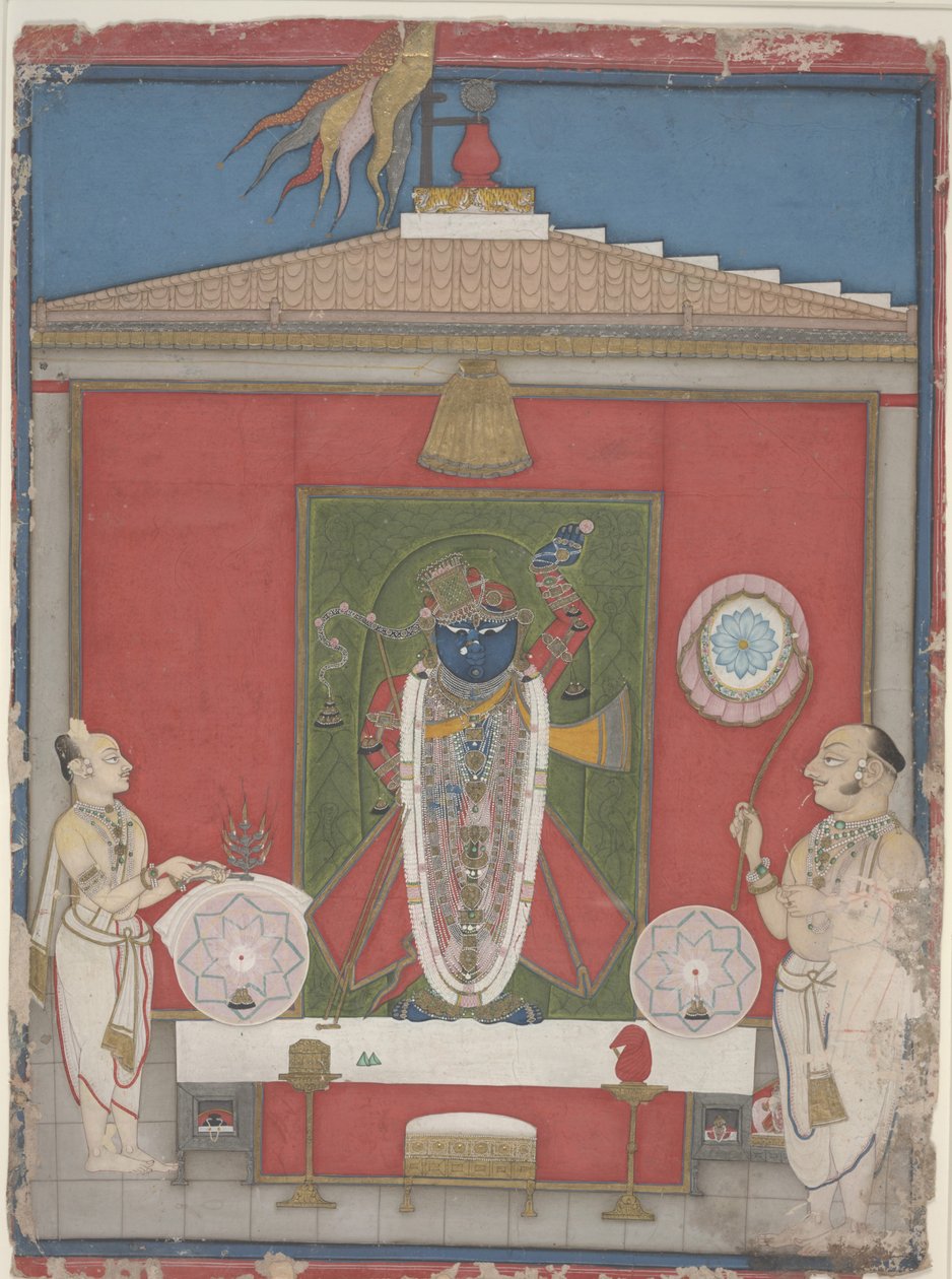 Adoração sacerdotal de uma imagem de Shri Nathaji, meados do século XIX (aguarela opaca sobre papel) de Unbekannter Künstler