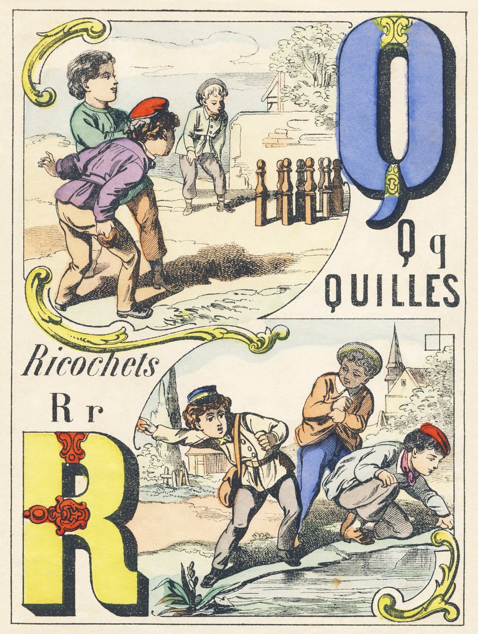 Q R : skittles, ricochets - Jogos Alfabeto, c.1890 (ilustração) de Unbekannt