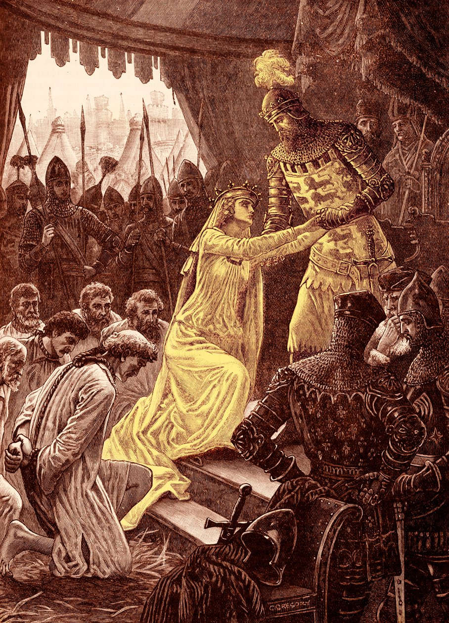 A "Rainha Philippa intercedendo pelos Burgueses de Calais" em 1347 (gravura) de Unbekannter Künstler