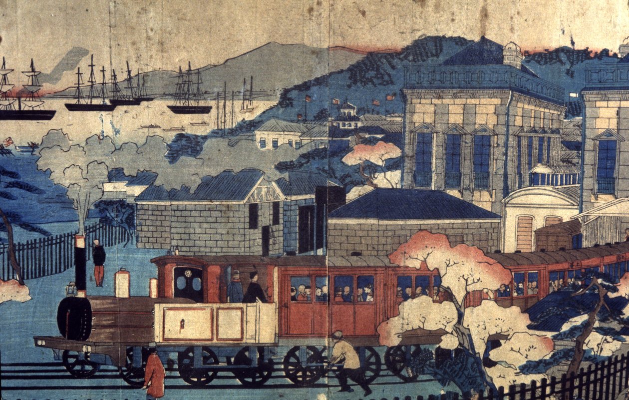 Caminho de ferro num porto japonês, finais do século XIX (gravura) de Unbekannter Künstler