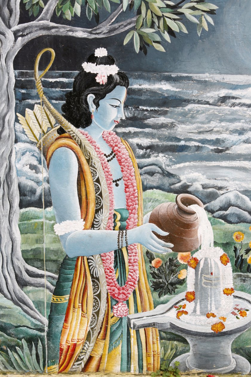 Rama a deitar leite sobre o lingam de Shiva. Pashupatinah, Kathmandu, Nepal de Unbekannt