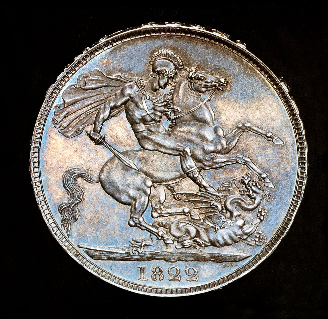 Moeda britânica rara, Rei Jorge IV, coroa de prata de prova, santo padroeiro de Inglaterra a cavalo com espada prestes a matar o dragão, cunhada por Bernedetto Pistrucci de Unbekannter Künstler