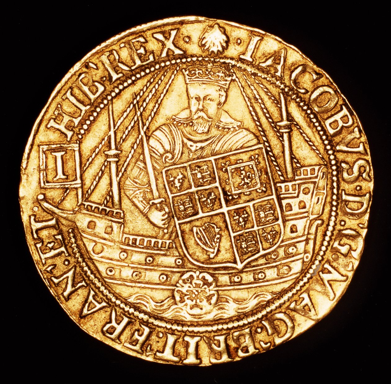 Moeda rara, Inglaterra, espora de ouro Ryal, Rei Jaime I num navio com escudo de Unbekannter Künstler