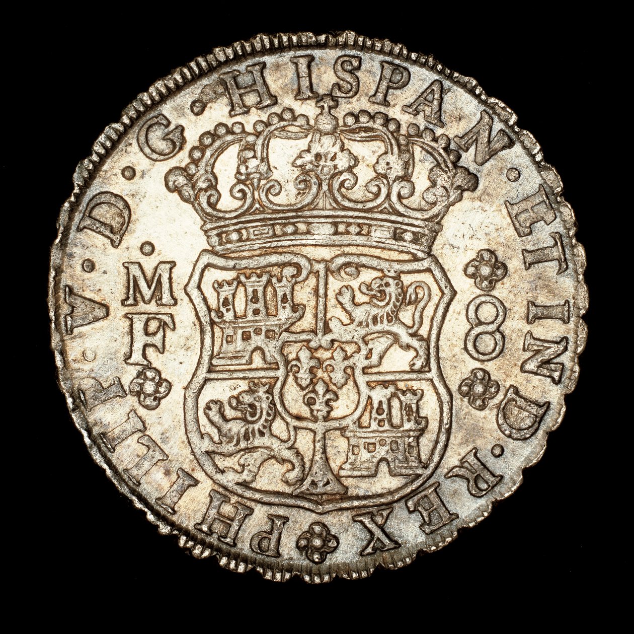 Moeda de prata rara, América espanhola, Rei Fernando VI, 8 Reale, escudo coroado com armas espanholas 1740 (foto) de Unbekannter Künstler