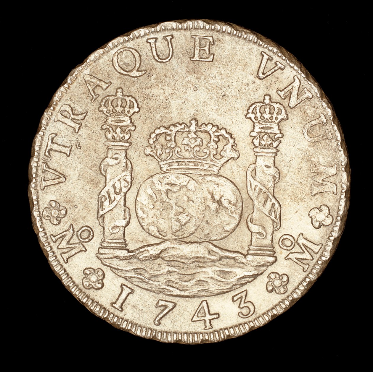 Moeda de prata rara, América espanhola, Rei Fernando VI, 8 Reale, Pilares de Hércules no Estreito de Gibralta com globos, coroa de Unbekannter Künstler