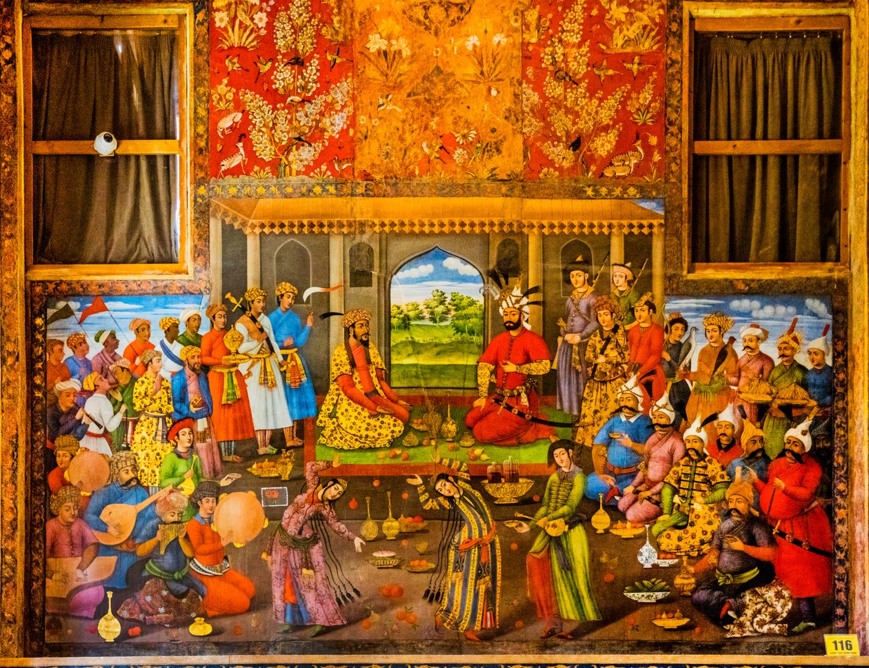 Recepção do governante Mughal Humayun 1544, frescos com cenas de tribunal e cenas de batalha, Palácio Chehel Sotoun, Isfahan, Isfahan, Irão, Ásia (foto) de Unbekannter Künstler