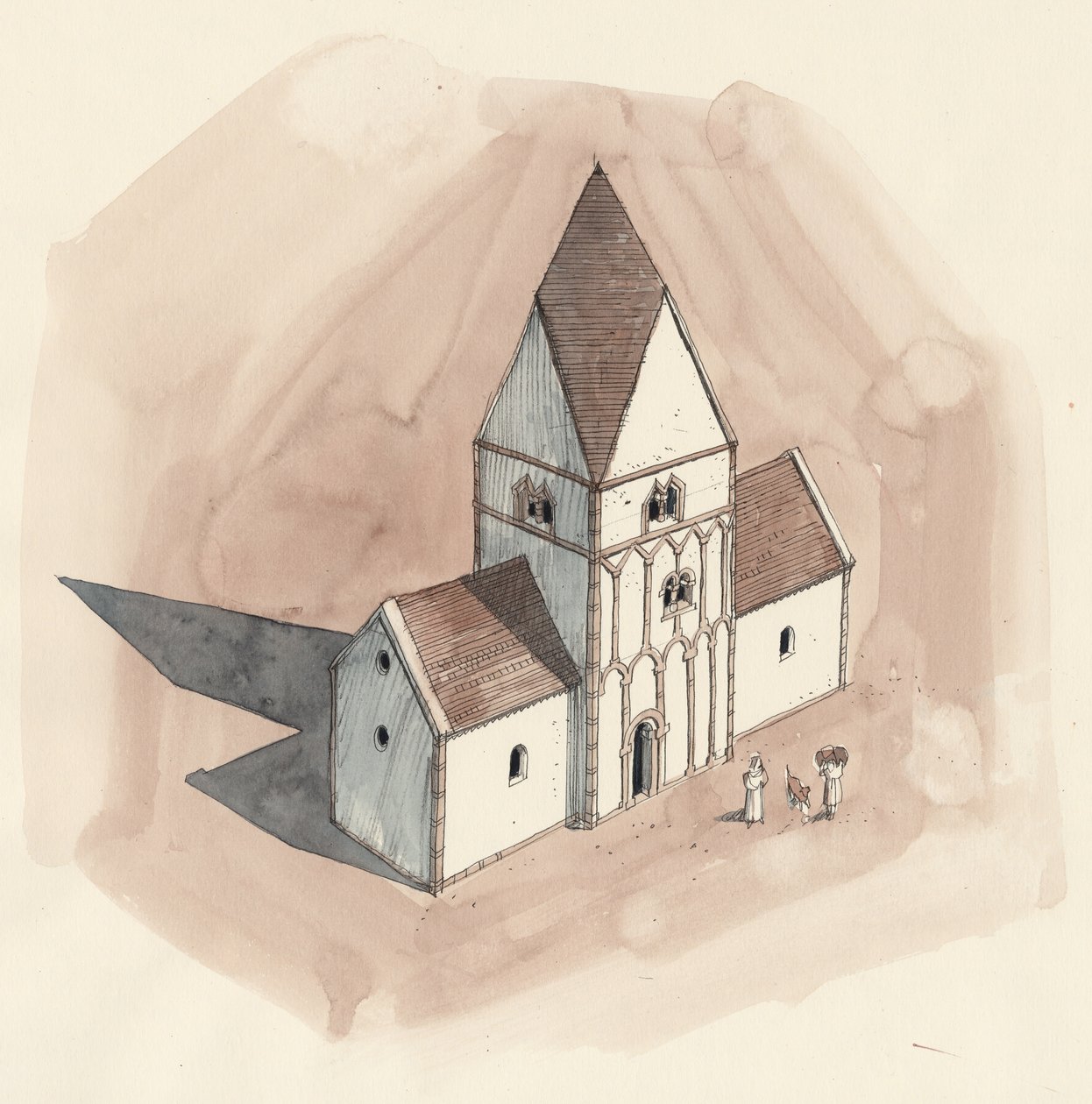 Desenho de reconstrução da Igreja de São Pedro durante o período anglo-saxónico, Gales, Liam (século XX) (aguarela sobre papel) de Unbekannter Künstler