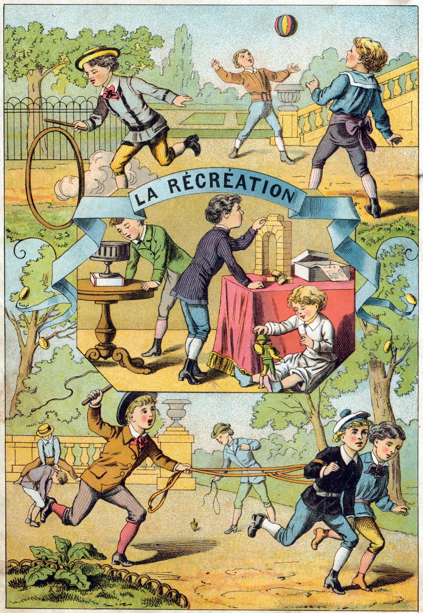 Recreação no pátio da escola. Gravação no "Alfabeto dos petits ecoliers". Imaging of Epinal, cerca de 1885. Coleção Privee de Unbekannt