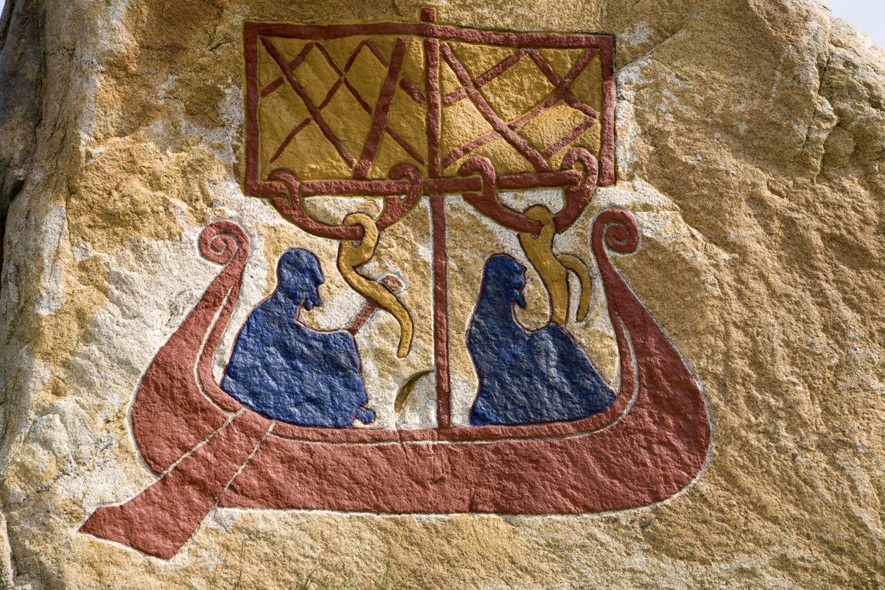 Registo e representação de um drakkar (navio Viking) Viking Rune. Museu Viking, Bork on Ringkoebing Fjord, Dinamarca de Unbekannter Künstler